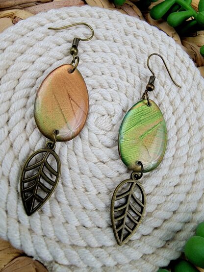 Metallic green and brown with feather charms